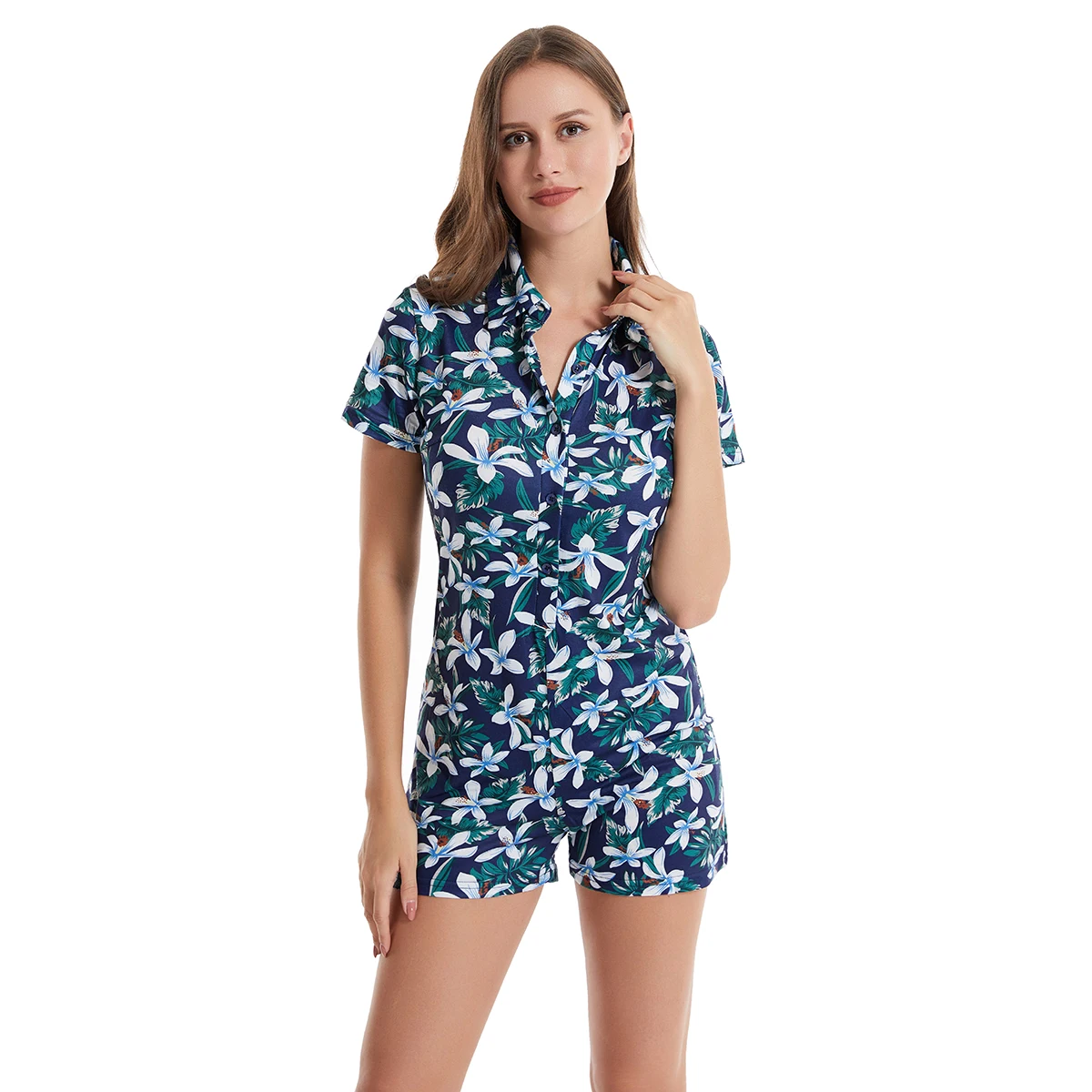 S-XL المرأة الصيف قصيرة الأكمام قميص طوق الطباعة playsuit سيدة عادية Fashional اليومية ارتداء بذلة قصيرة