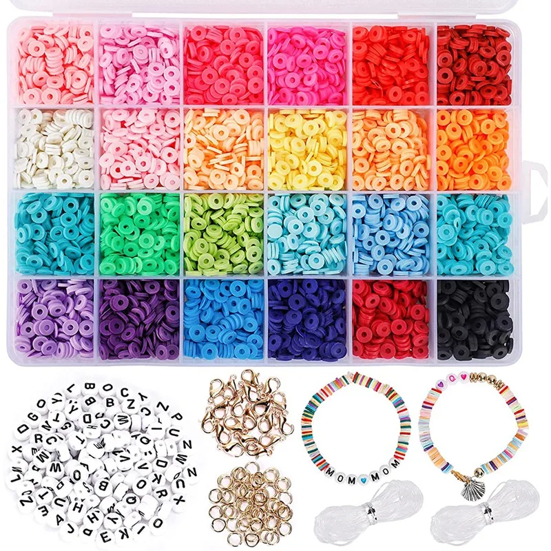 

FBIL-4800 Piece Of Clay Polymer Flat Round Beads Set,130 Pieces Of Letter Beads Lobster Clasp And Jump Ring, Suitable For DIY