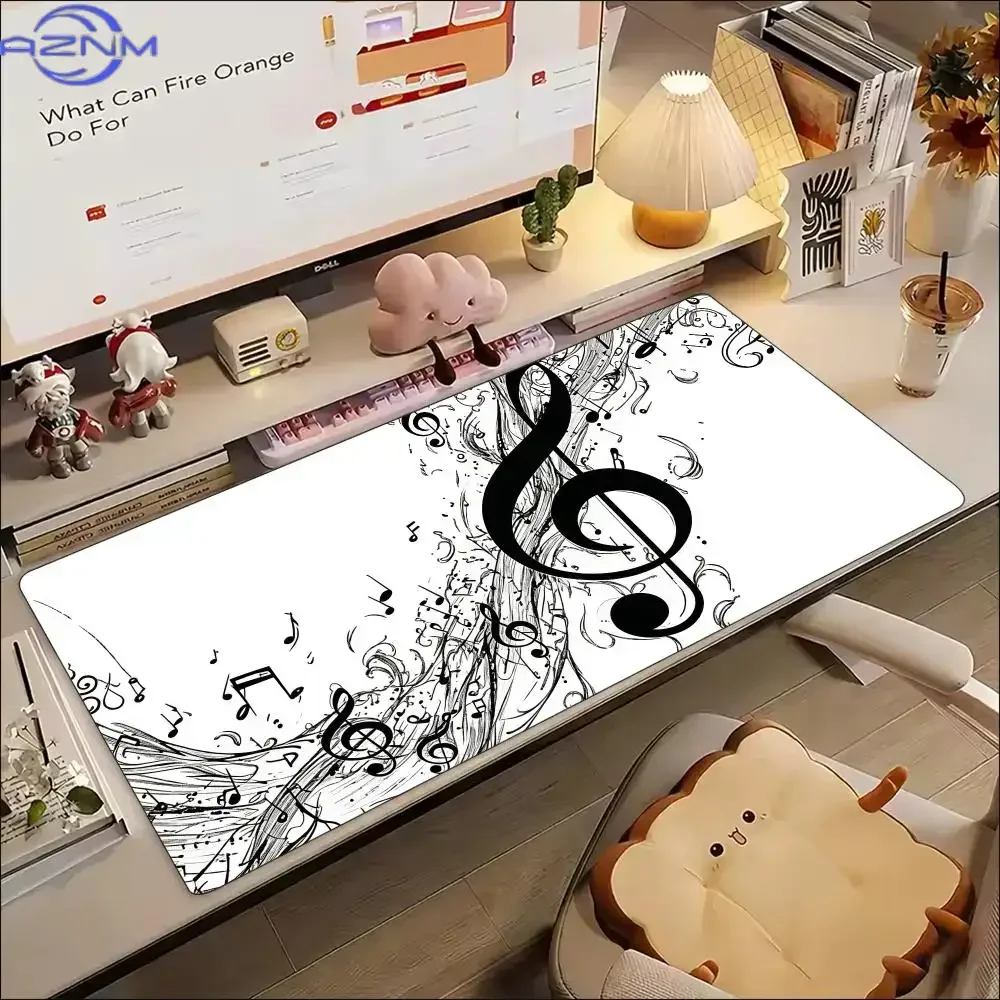 Black White Treble Clef Musical Note Mousepad Rubber Non-Slip Large Desk Mat Music Art Pattern Keyboard Pad for Gaming Office