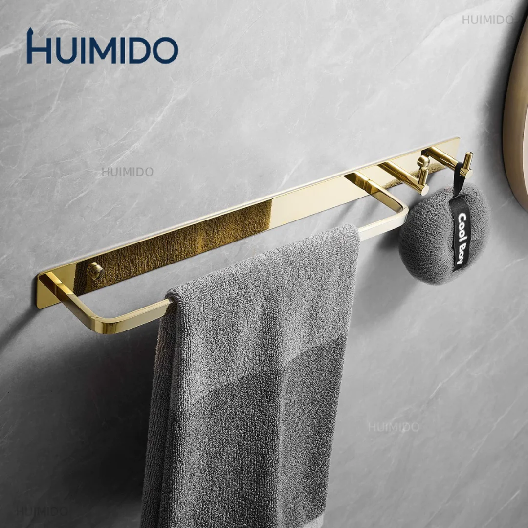 Brushed Gold Towel Hanger with Hooks Wall Mounted Towel Holder Black Towel Rack Bathroom Bar Rail Total Brass