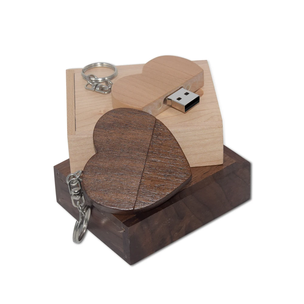 Wooden Heart + Box USB Flash Drive 2.0 Pendrive 4GB 16GB 32GB 64GB Memory Stick Custom Logo Love Photography  wedding Gift