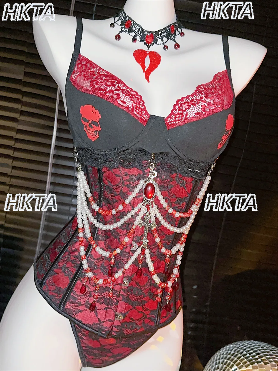 Y2K European American Sexy Punk Goth Subculture Dark Summer Pearl Embroidery Lace Waist Seal Sling Vest Bikinis Shorts Women