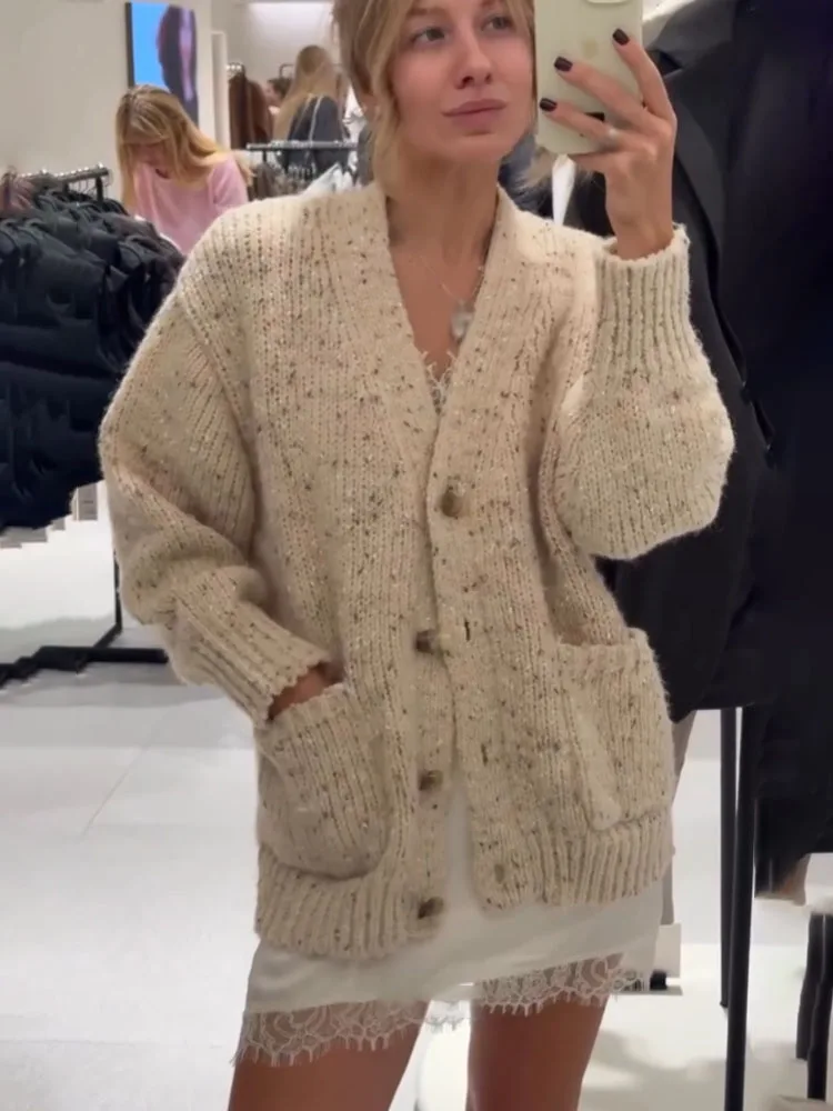 

HH 2025 Female Autumn Casual Loose Cardigans Solid V-Neck Pockets Single Breasted Women's New Fashion Long Sleeve Knitting Coats