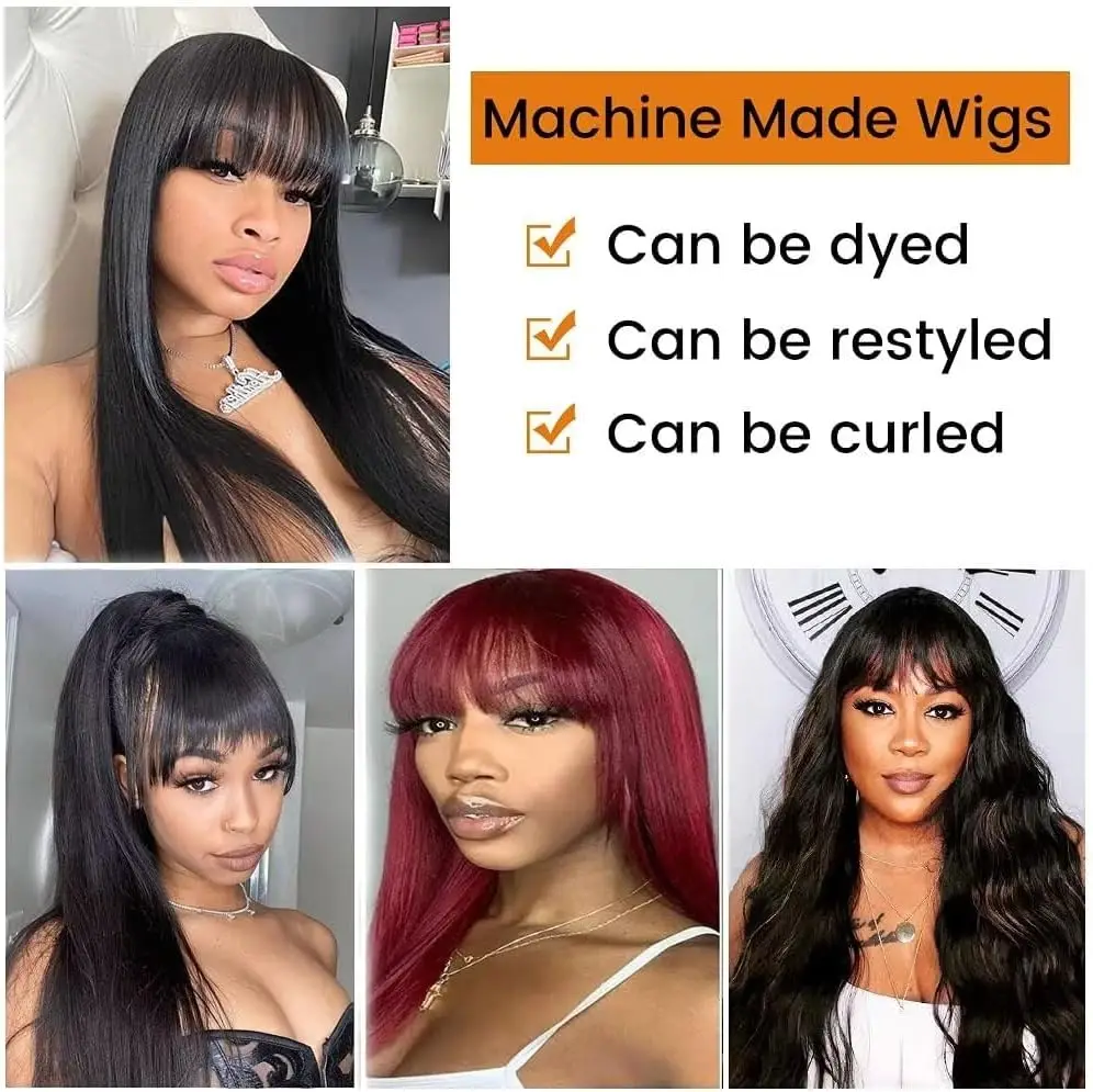 Straight Bang Peruca de Cabelo Humano para Mulheres Peruca de Cabelo Humano Virgem Brasileira com Bangs Full Machine Made Glueless Wig com Franja