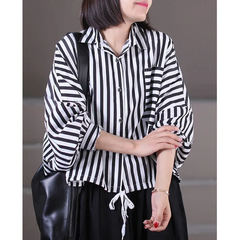 2023 Spring New Arts Style Women Long Sleeve Loose Turn-down Collar Shirt Single Pocket Casual Stripe Blouse female Tops P387