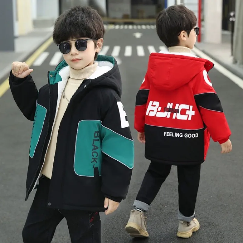 5-14T Boys Winter Coat Fashion Hooded Warm Padded Jackets Thick Letters Print Patchwork Teenagers Velvet Parkas 2024 New