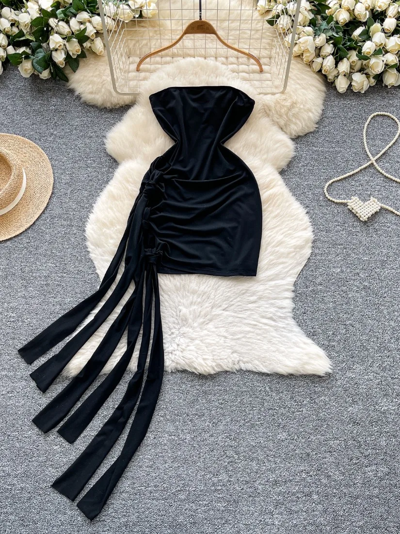 Foamlina Summer Women Black Strapless Dress Ladies Stylish Sleeveless Twisted Cutout Ruched Ribbons Mini Party Bodycon Dress