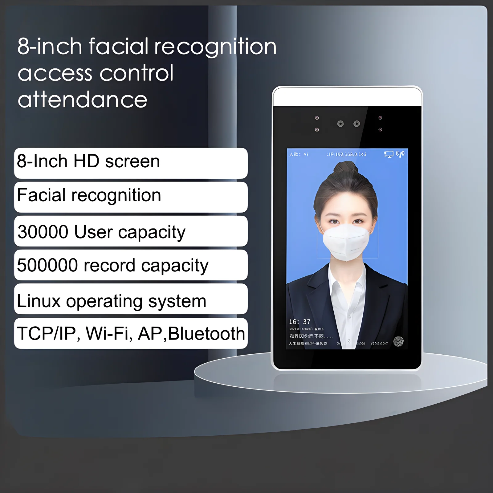 

8-inch 2MP HD Binocular Face Recognition Attendance Access Control Linux OS 30000 Users Http Protocol RJ45 TCP/IP Wiegand Output