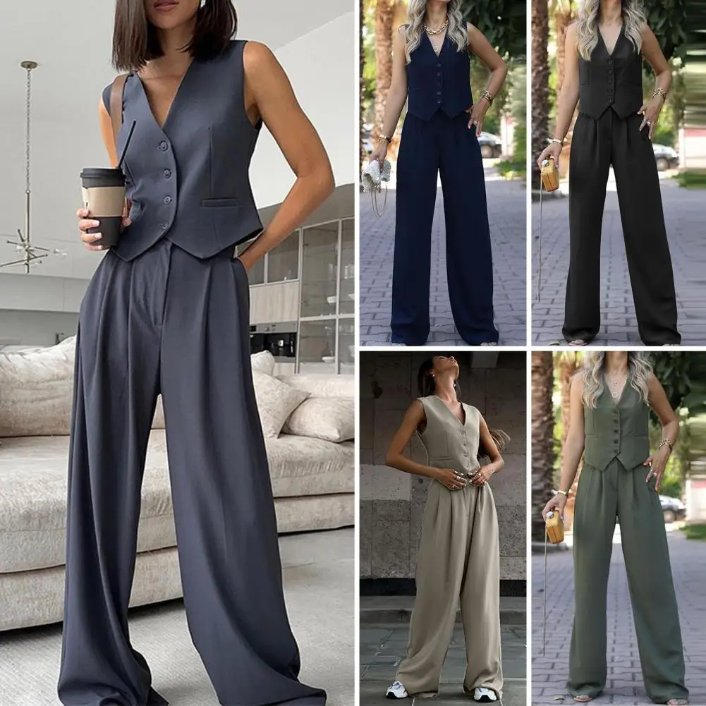 

Wide-leg Pants Set Elegant Women's Vest Pants Set for Office Wear Sleeveless V Neck Top with High Waist Wide Leg for Women