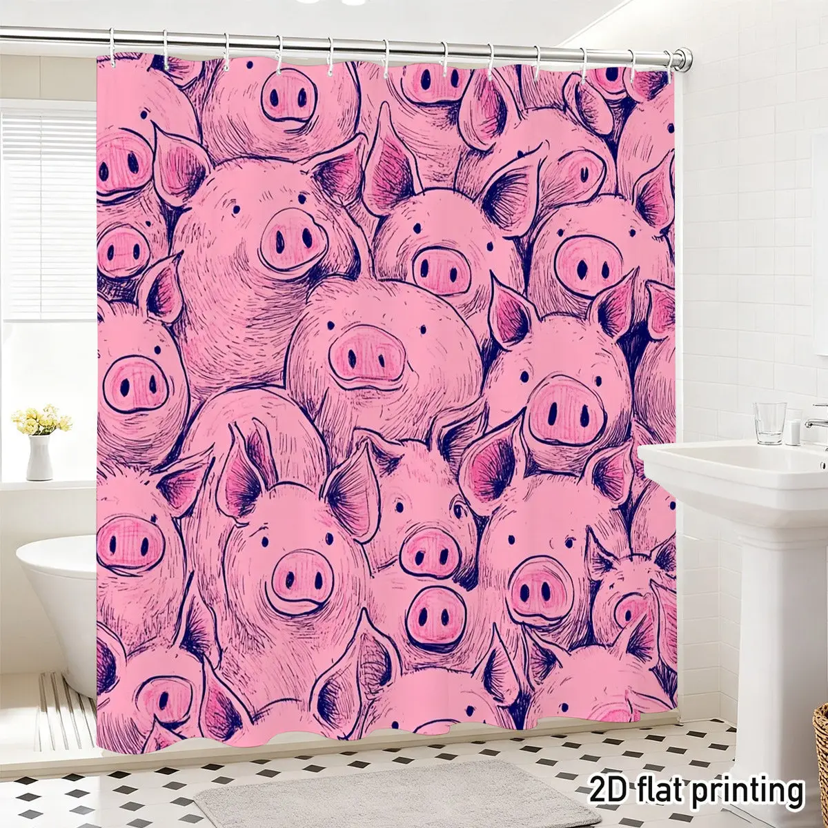 Pink Pig Shower Curtain 72x72 Polyester Washable – Hand-Drawn Cartoon Pigs with Expressive Faces, 12 Hooks