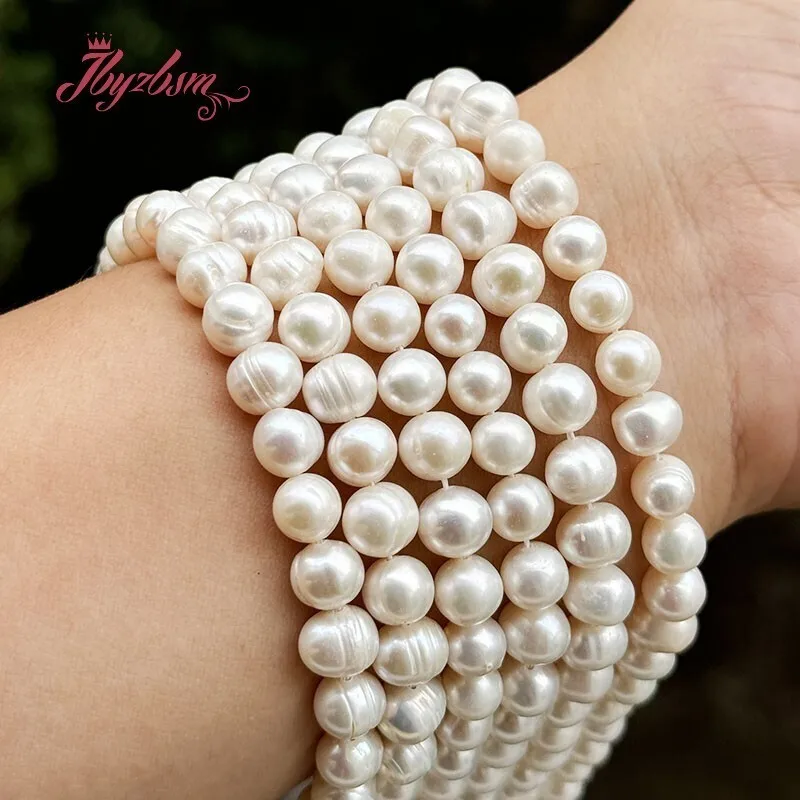 Perlas redondas naturales blancas de agua dulce, cuentas de piedra de 15 pulgadas para bricolaje, collar clásico para mujer, pulsera, fabricación de joyas de 7-8mm