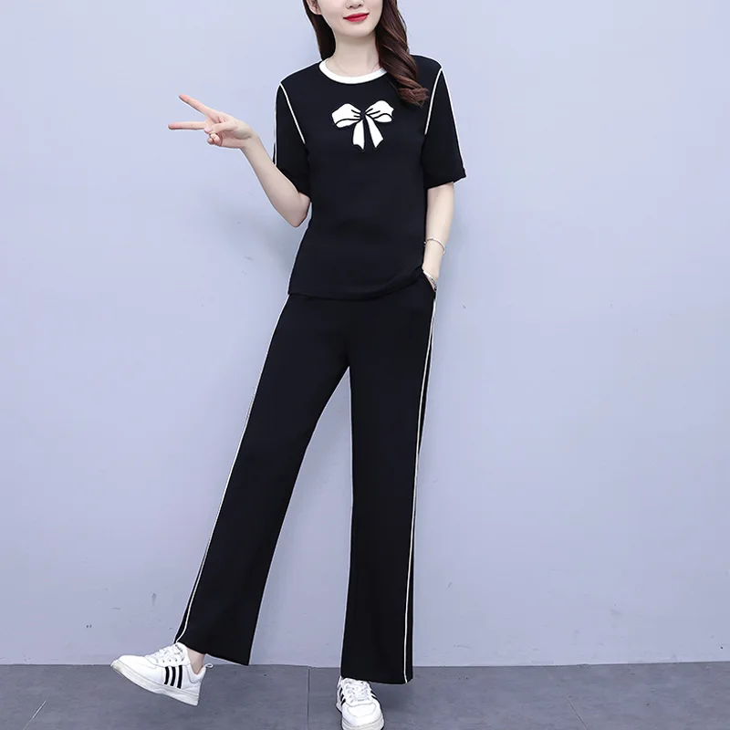 Summer Plus Size Two Piece Set For Women Casual Bow Round Neck Short Sleeve Tops And Wide Leg Pants Cotton Black Outwear Clothes