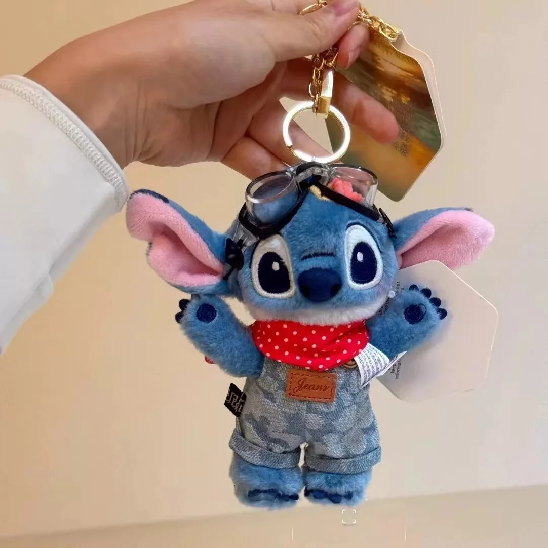 

Disney Stitch Pilot Plush Keychain with Goggles Polka Dot Scarf Denim Overalls Cute Bag Charm Gift for Kids and Fans