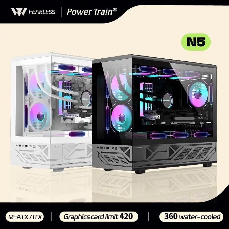 حافظة كمبيوتر N5 من Power Train MATX جانب زجاجي شفاف لغرفة عرض البحر خالية من العمود 360 درجة حافظة كمبيوتر من النوع C مبردة بالماء