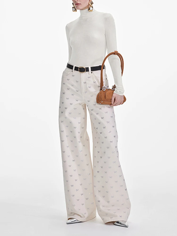 

High Waist Wide Leg Denim Jeans Knot Embellished Long Diamond Glittering Elegant Ladylike Style Spring Summer