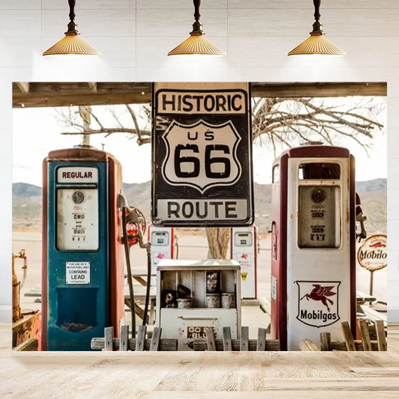 Tło fotograficzne Historyczna stacja benzynowa Route 66, niestandardowe studio fotograficzne, plakat fotograficzny, baner w tle