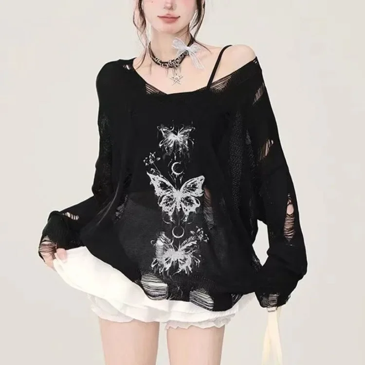 Graffiti Butterfly Hollow Out Lazy Tops Women 2025 Early Autumn New Hole Sweaters Mujer Y2k Long Sleeve All-match Pullovers