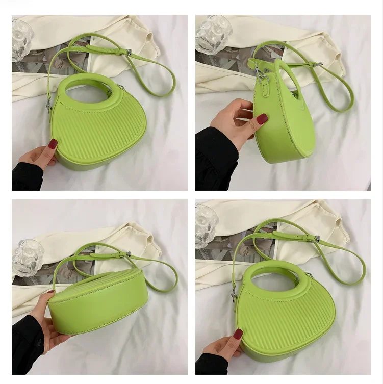 Half Moon Small Shoulder Bag For Women 2024Spring New Green Purple Handbags Pleated Design PU Leather Crossbody Round Hand Bag