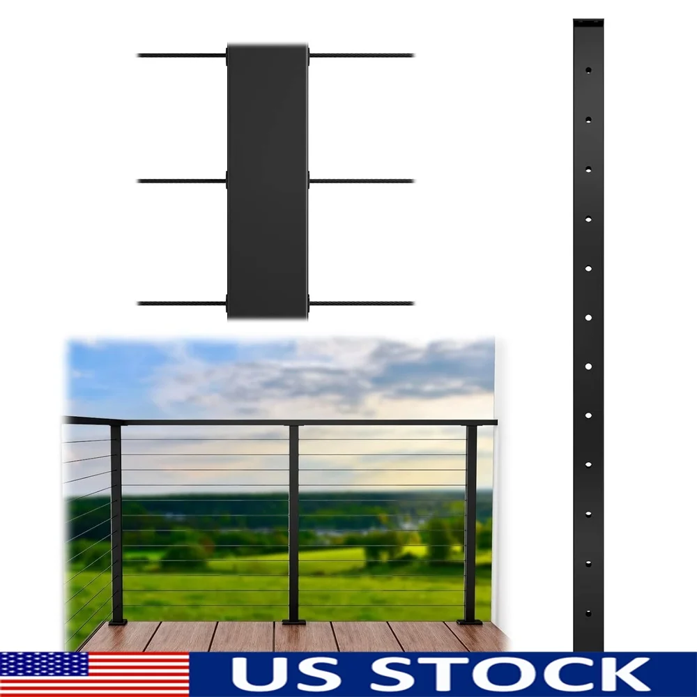 42 Inch Level Square Black Cable Railing Post T304 Stainless Steel Pre-Drilled Weather Resistant Indoor Outdoor Use