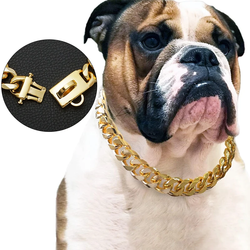 

Gold Chain Dog Collar with Secure Snap Buckle,19MM Cuban Link Dog Collar,Chew Proof Heavy Duty Pitbull Collar for Medium Large