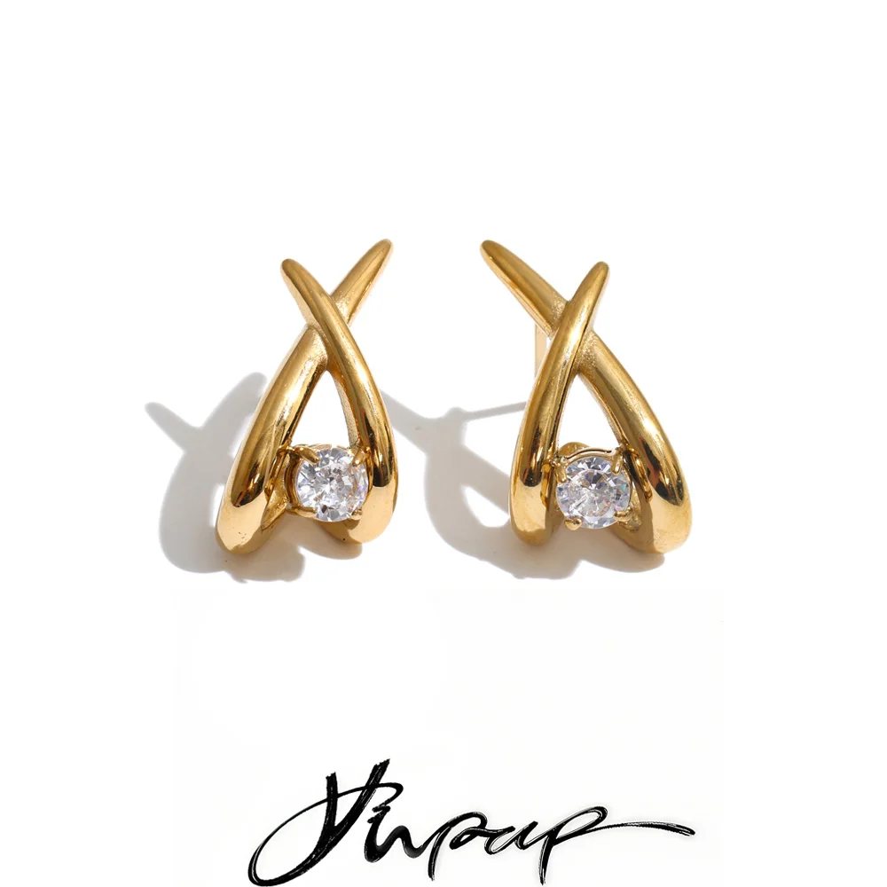 Yhpup Edelstahl-Ohrstecker mit eingelegten runden CZ-Steinen, X-Form, goldfarben plattiert, moderner, glänzender Glamour-Schmuck, wasserdicht.
