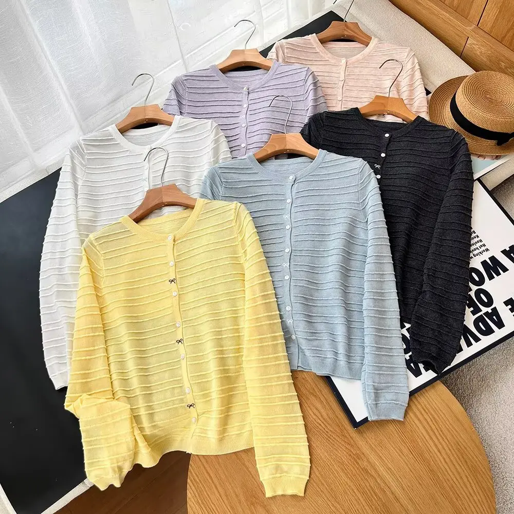 

Корейский полосатый вязаный открытый кардиган с узлом, женский модный тонкий длинный све, верхнее пальто, сезон весна-осень