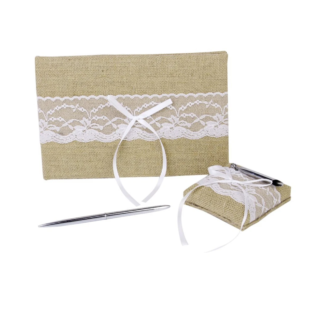 

Jute Guestbook White Lace Pen Pen Stand Wedding Reception 70 Pages Guest Names Notes Bridesmaid Groomsmen Stationery