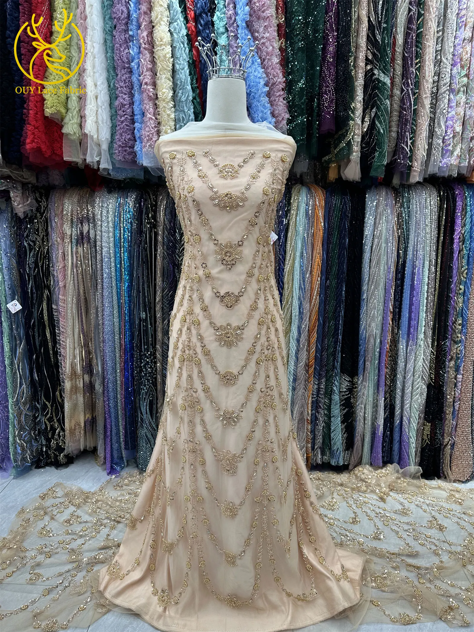 Neueste Afrikanische Luxus-Steinspitze 2026, 5 Yards Hochwertiger Französischer Perlen-Pailletten-Spitzenstoff für Nigerianische Hochzeitskleider – Detail 6