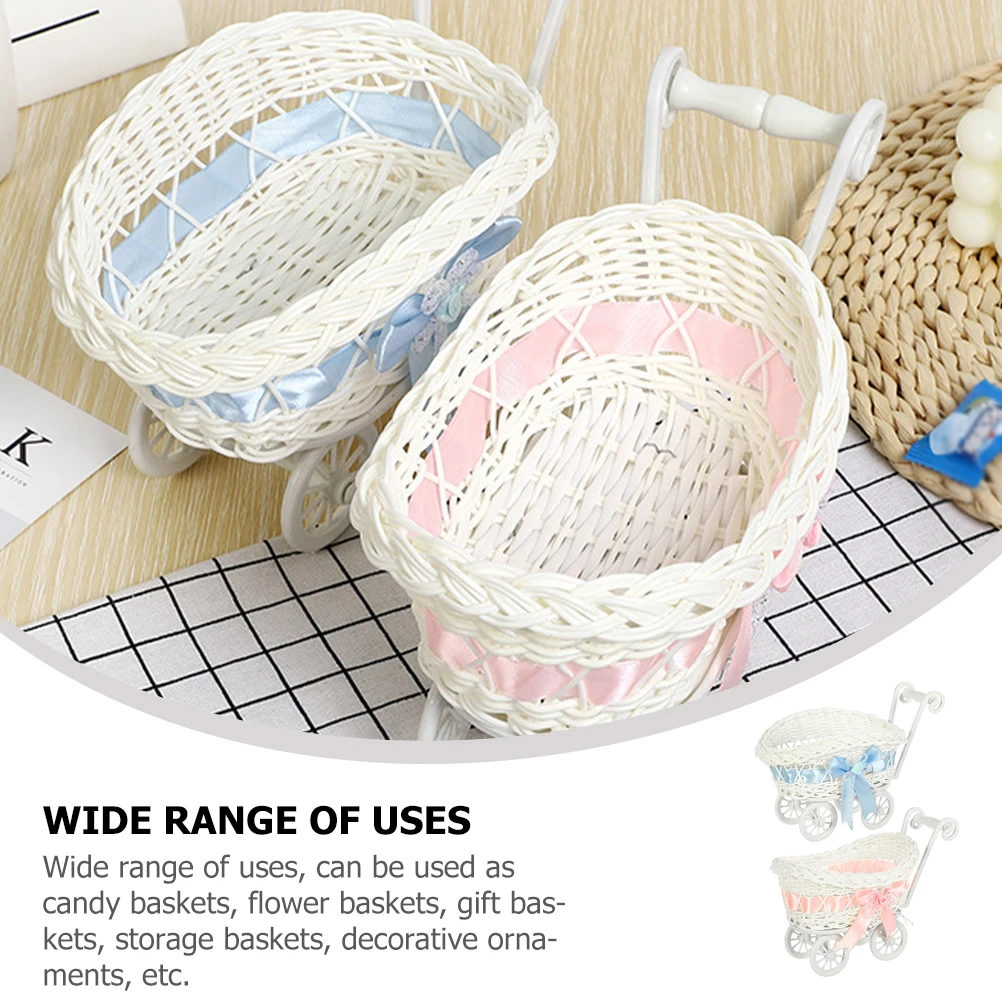 

2 Pcs Imitation Rattan Baby Stroller Storage Baskets Wedding Party Candy Gift Basket Kids Use Decorative Cart Shape for Shower