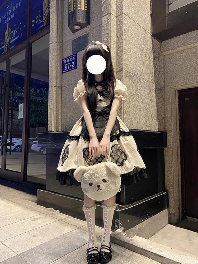 

Harajuku Japanese Korea Lolita Fashion Sweet Soft Girl Lovely Daily Princess Dress Kawaii Neck Bow Heart Mesh Puff Sleeves