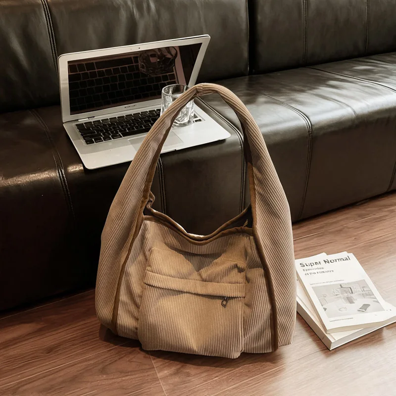 

Korean Style Corduroy Shoulder Bag Fashion Striped Wrinkled Commuter Tote Mom Bag Comfortable and Versatile Texture Handle Bags