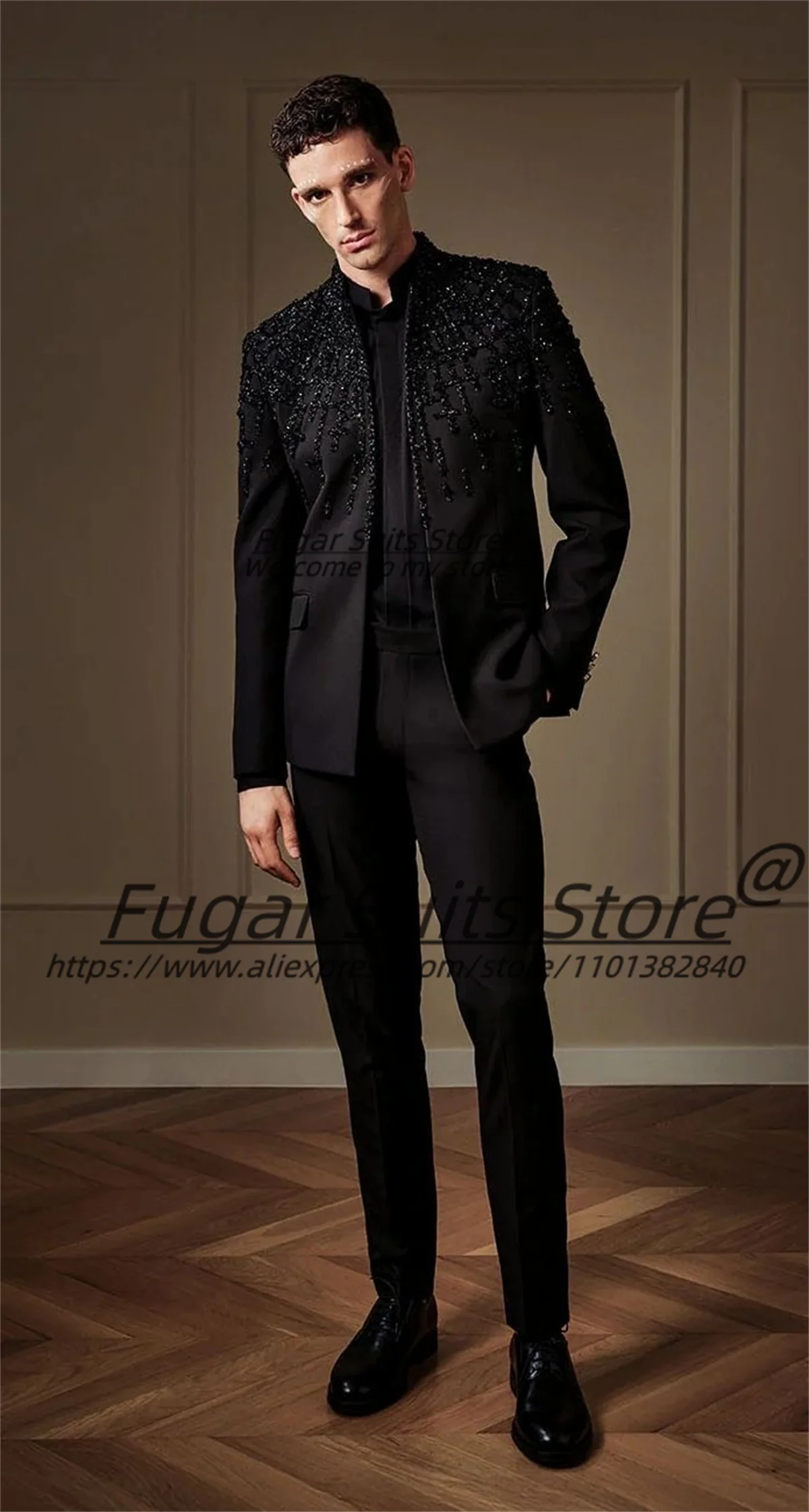 Gorgeous Bead Stand Collar Men Suits Customized Slim Fit Groom Wedding Tuxedos 2Pieces Sets Male Prom Blazers trajes para hombre