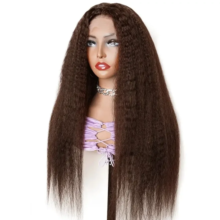 Soft 180Density Brown Preplucked 26” Long Kinky Straight Yaki Lace Front Wig For Women With Baby Hair Natural Hairline Glueless