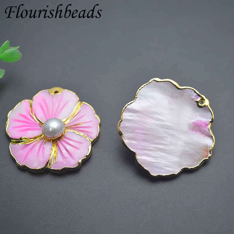 Luxury Pink Shell Natural Pearl Gold Plated Flower Shape Pendant for Women DIY Fashion Jewelry Making