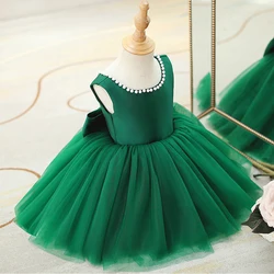 Kids Pearls Elegant Princess Girls Dress for Christmas Backless Bow Baby 1st Birthday Baptism Gown Wedding Party Dresses Evening