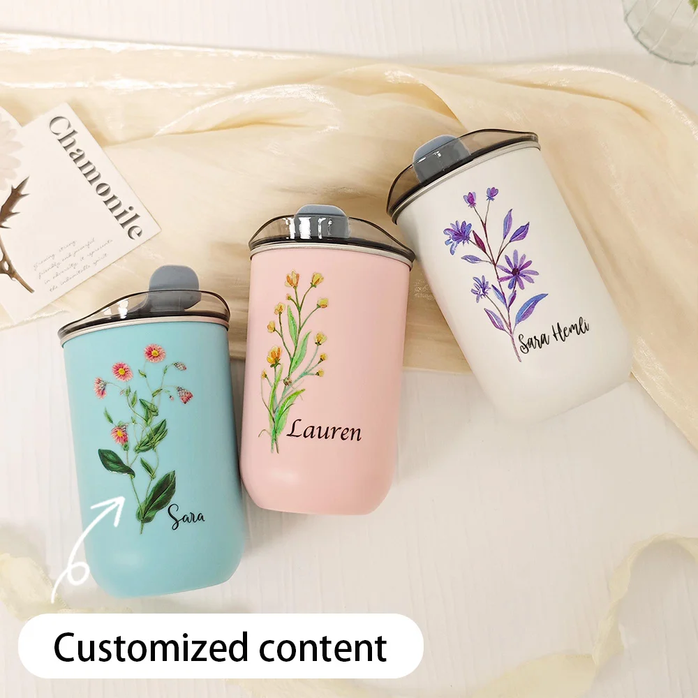 Gobelet isotherme en acier inoxydable personnalisé avec motif floral de naissance, avec couvercle rabattable, gobelet de voyage personnalisé avec nom, tasse à café thermique florale.