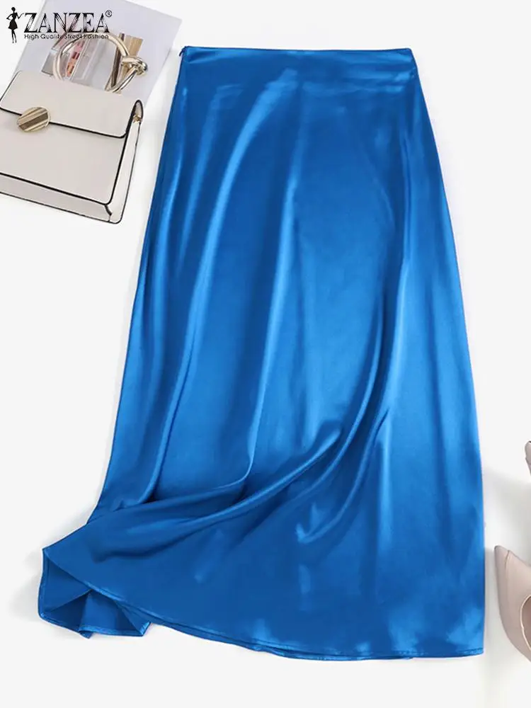 Elegant Women OL Party Satin Skirts ZANZEA 2023 Summer Fashion High Waist Solid Midi Skirt Jupe Female Holiday Work Faldas Saia