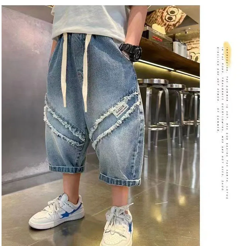 

2024 Summer New Boys Classic Trendy All-match Elastic Drawstring Stylish Loose Spliced Rough Edge Thin Style Casual Jeans Pants