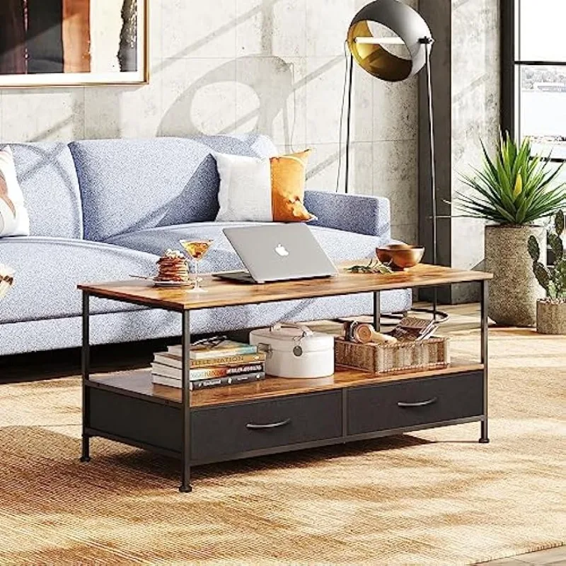 

Coffee Table with Storage Drawers and Open Shelf, Mid-Century Modern Wood and Metal Cocktail Table for Living Room