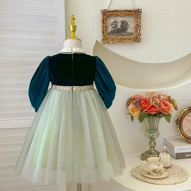 Girls' Autumn/Winter 2025 Party Elegant Girl Anna Frozen Queen Green Dress New Velvet Dress Children Halloween Cosplay Birthday