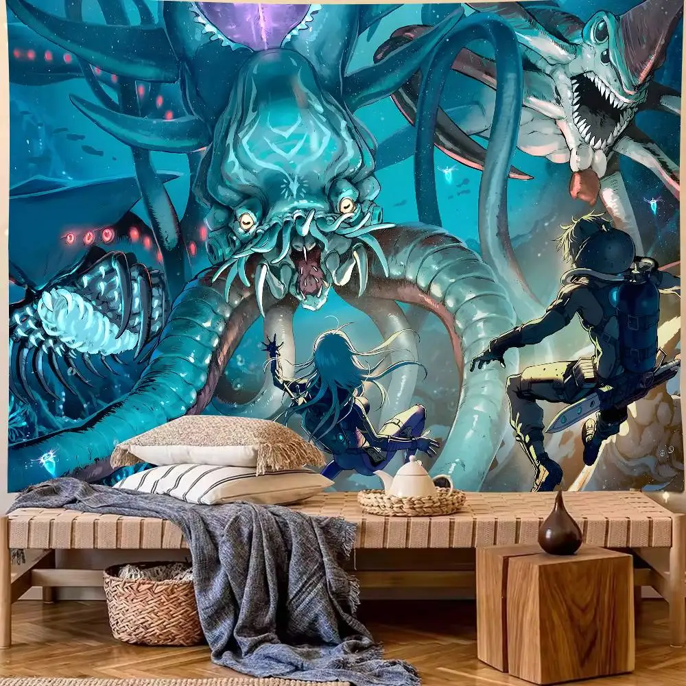 2026 New Video Game Subnautica 2 Leviathan Tapestry Wall Hanging, Giant Sea Monster Diver Tapestries, Sci-Fi Ocean Decor