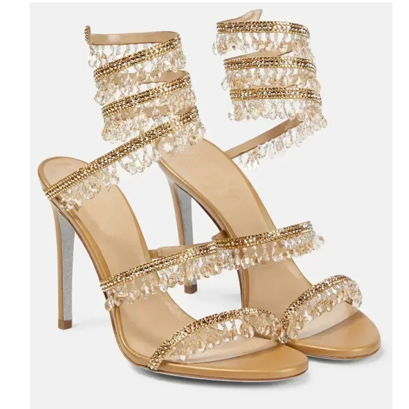 2024Women's New Water Diamond Sandals Fashion Tassel Crystal Shoes Sexy Banquet Party Twin Stiletto Women's Large Sandals