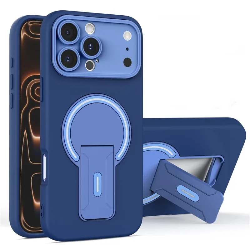Étui de luxe 2-en-1 avec support magnétique pliable mat compatible MagSafe pour iPhone 17 16 15 14 13 12 18 Pro Max Plus, protection de l'appareil photo
