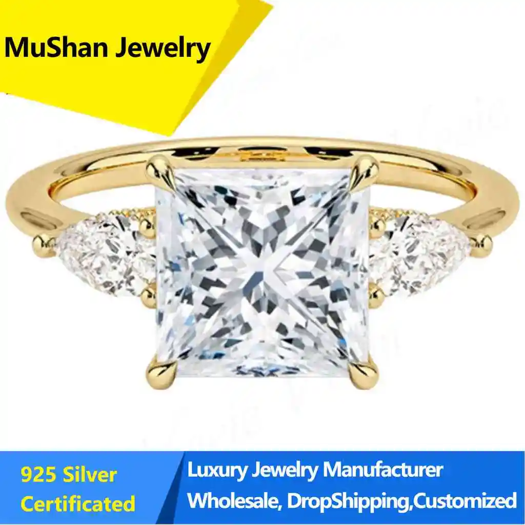 MuShan Jewelry Ins925 Silver Gold Plated Ring Princess Square 1 Carat Grow Diamond Ring Ladies Premium Wedding Ring