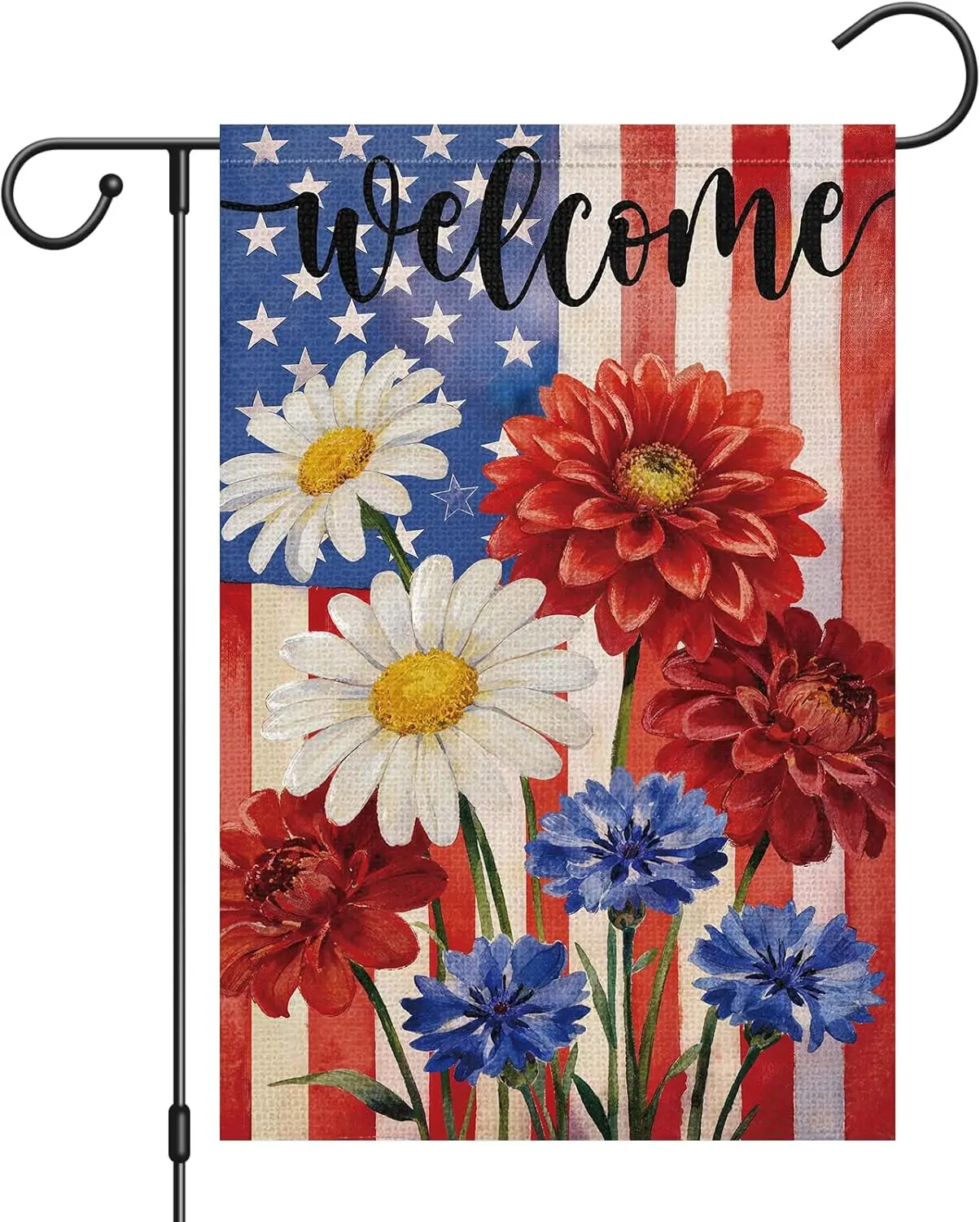 Heyfibro Welcome 4th Of July Patriotic Garden Flag 12x18 Double Sided Burlap, American Flag Daisy Floral Yard Banner for Rus AAS