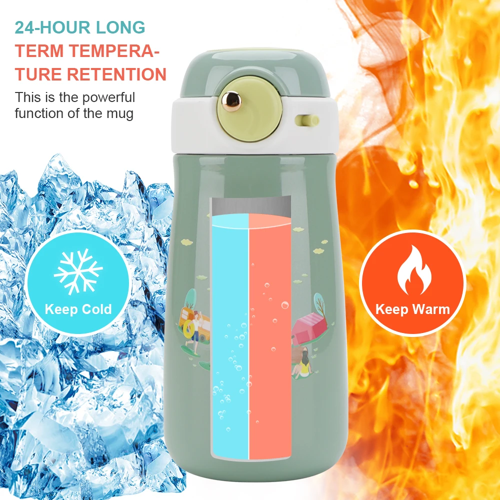 400ML Vacuum Thermos Cute Double Wall 304 Stainless Steel Sports Water Bottle with One-Touch Lid