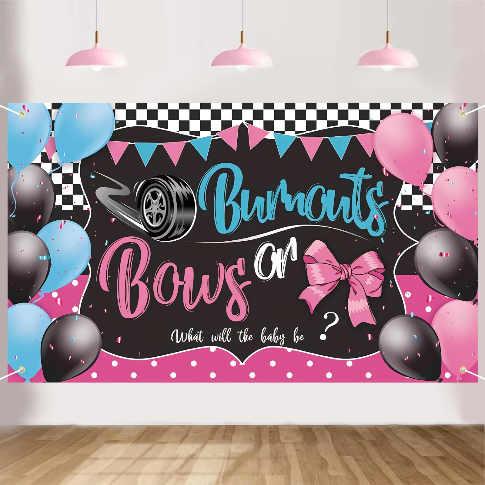 Decoración de revelación de género para Baby Shower, telón de fondo con cuerda, poliéster, Multicolor, azul, él o ella, Reve de embarazo