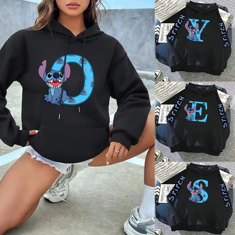 Disney Hoodies Damen Winterjacke Niedlich Kawaii Lilo & Stitch Glück Brief Drucken Hoodie Mode Paar Streetwear Sportbekleidung