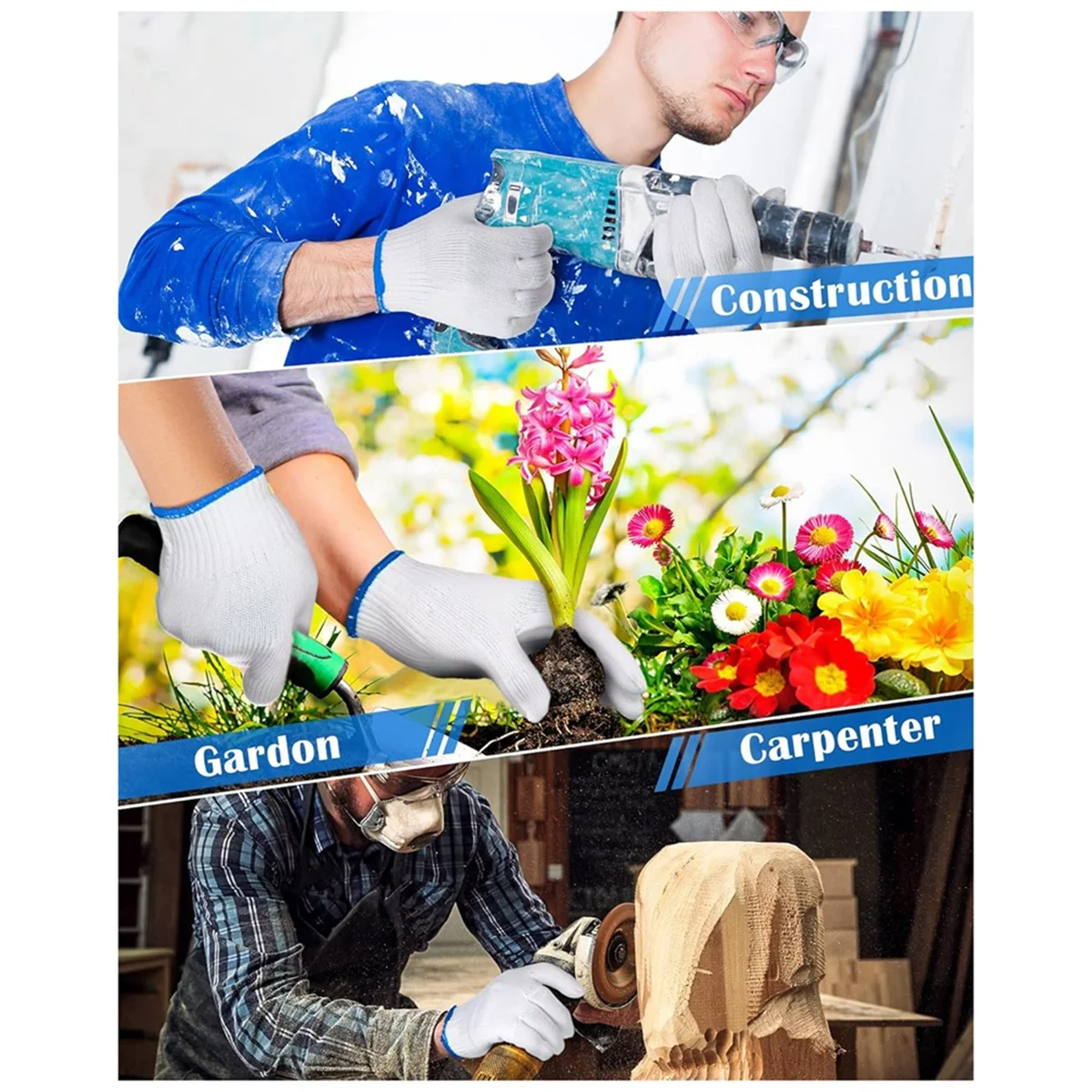 

24 пары хлопковых рабочих перчаток для рук, белые перчатки с хлопковой подкладкой, защитные рабочие перчатки, более толстые мужские и женские перчатки