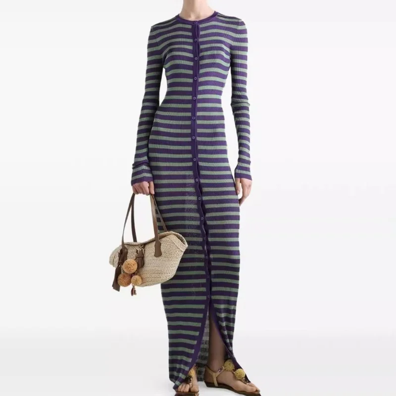 

Осень 2023, новое женское однобортное вязаное платье в полоску с длинными рукавами y2k, модная и элегантная эластичная длинная юбка для похудения